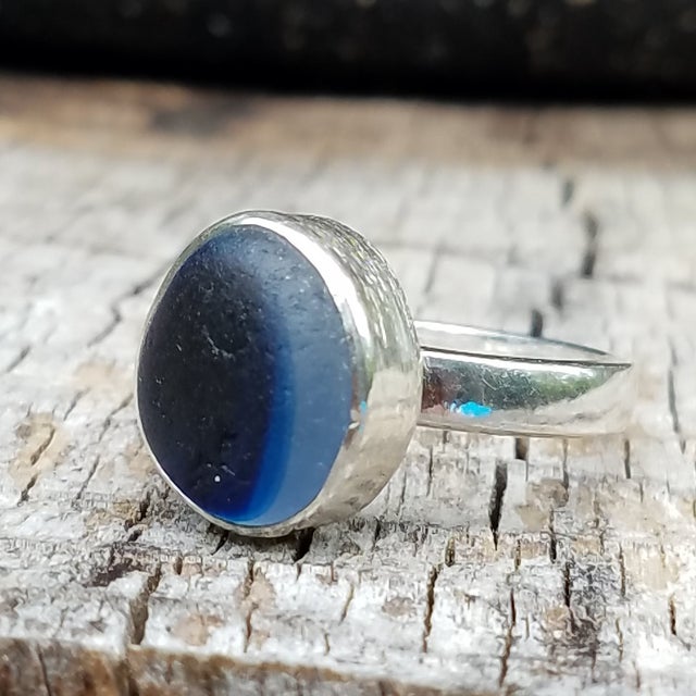 Blue Sea Glass Sterling Silver Wire Crocheted Ring 